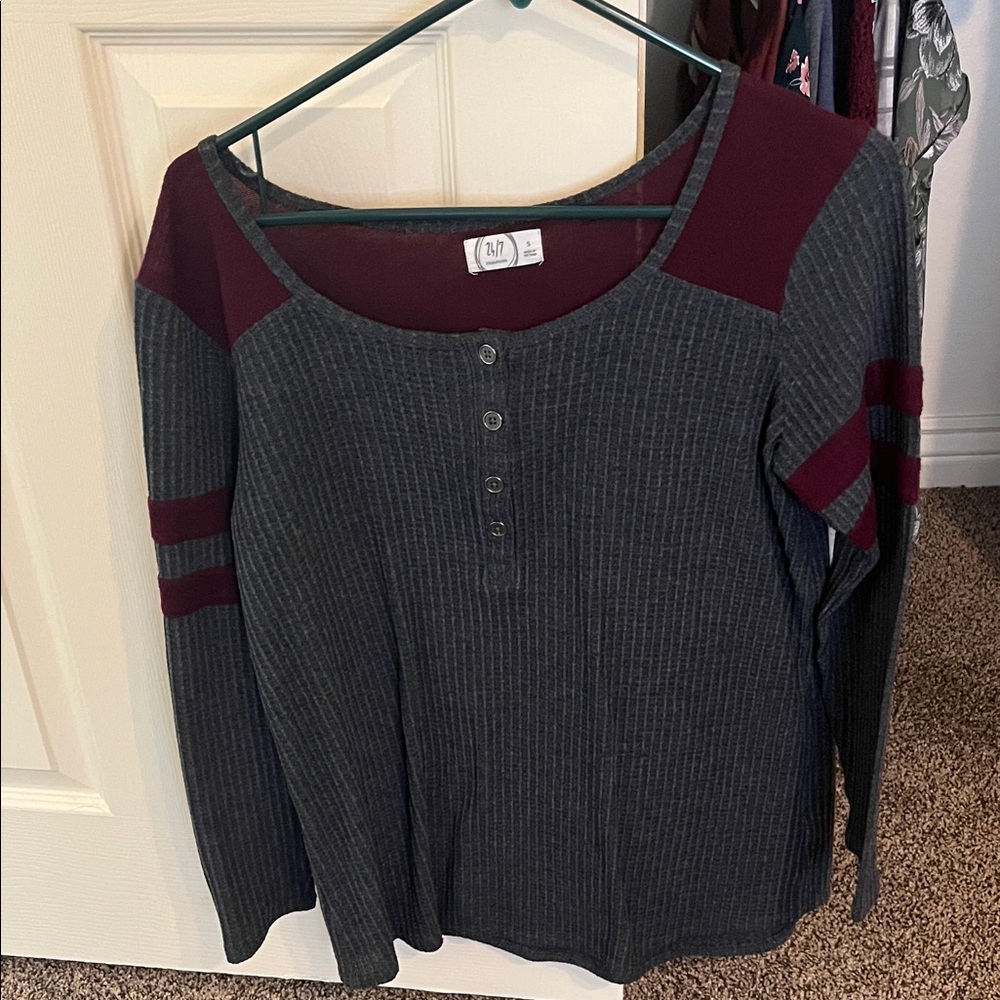 Women’s Long Sleeve Ribbed Henley Tee in Charcoal and Burgundy - 24/7 Comfort